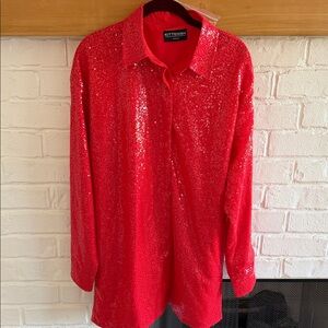 Kittenish Red Sequin Button-Down Shirt with silky headband to match